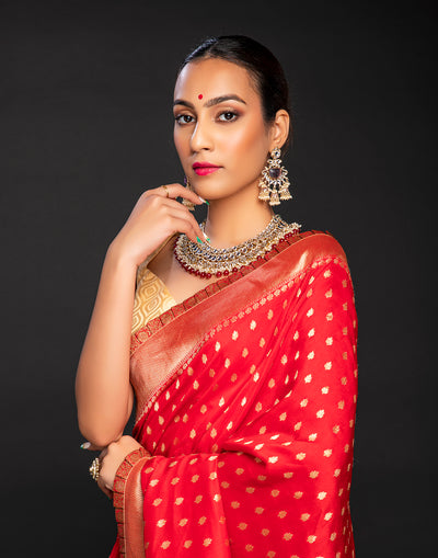Bright Red Saree In Art Handloom Silk