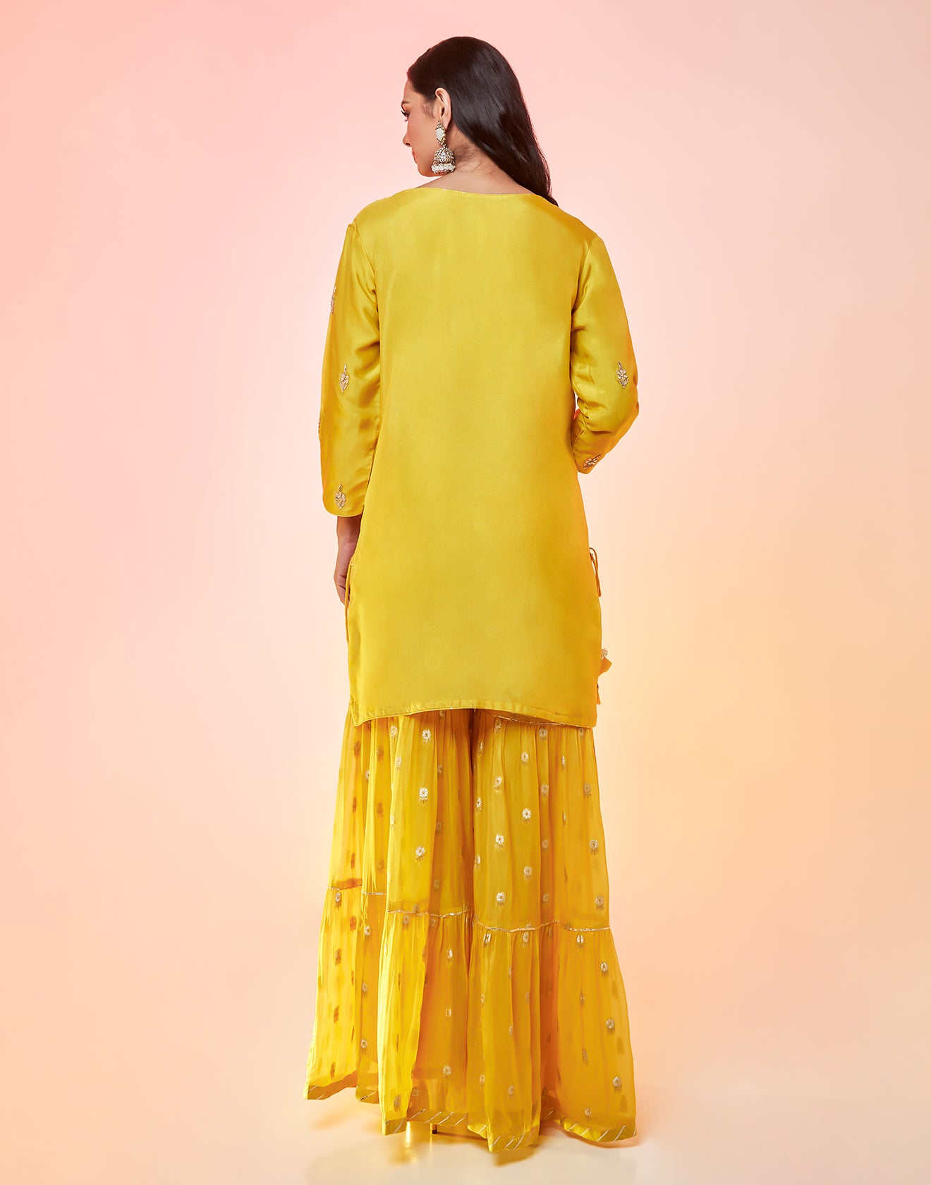 Bright Yellow Flared Sharara Suit Set With Golden Gota Work
