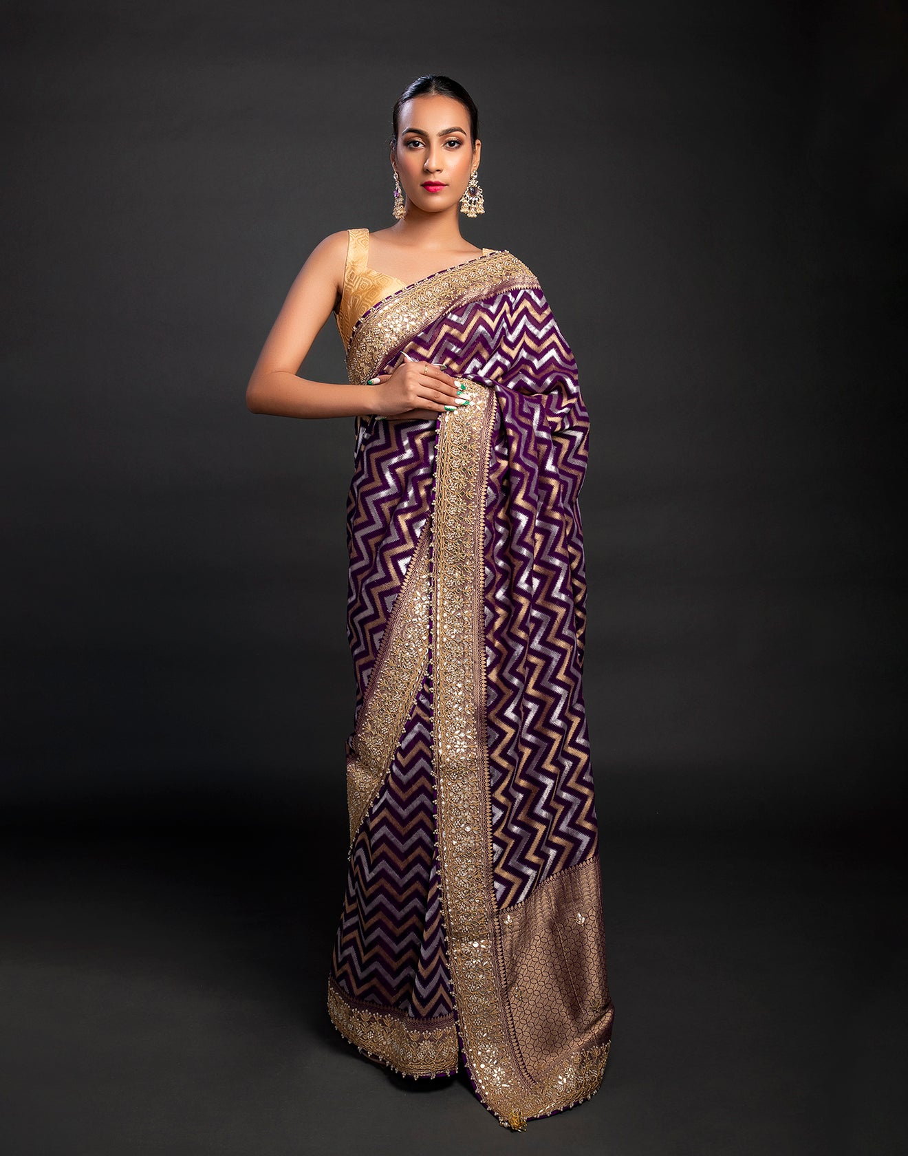 Byzantine Georgette Saree with  Chevron pattern