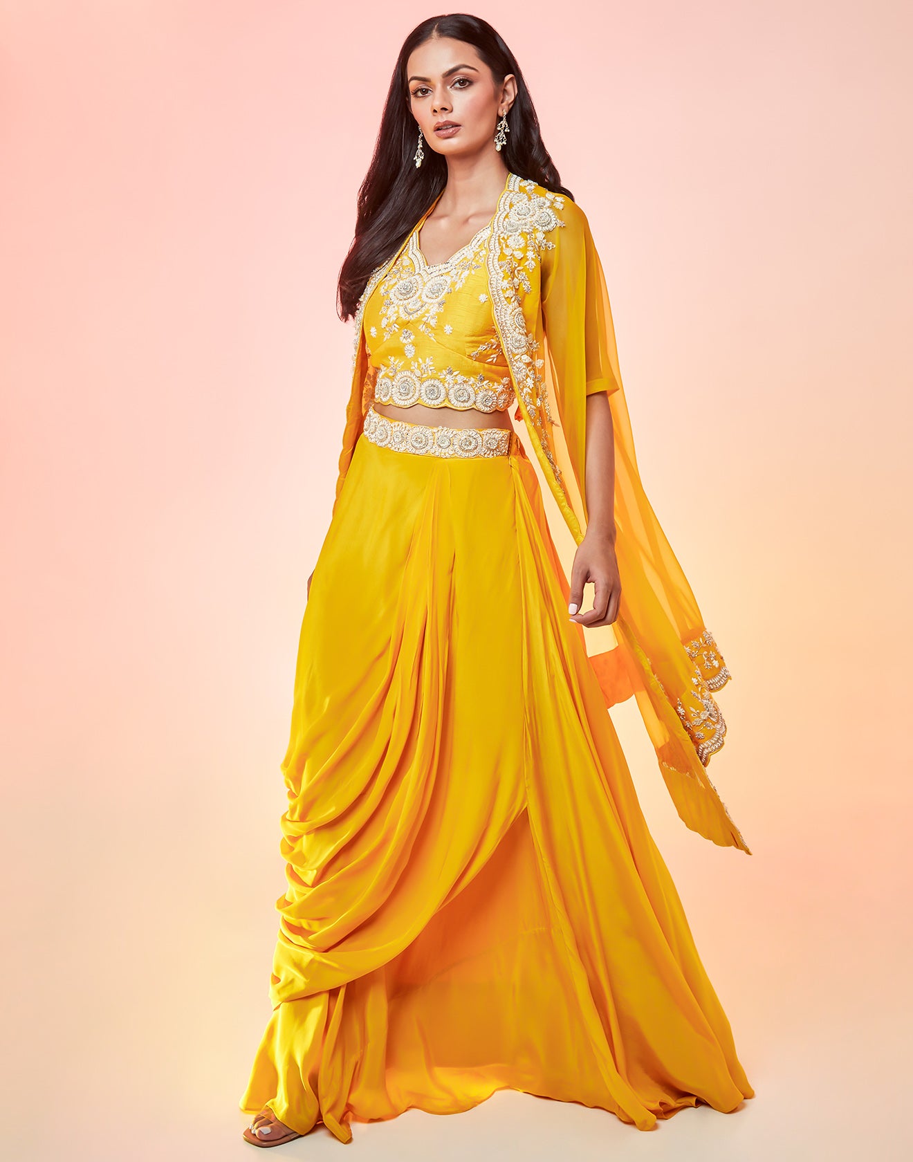 Canary Yellow Draped Fusion Set With Cape Sleeves And Embroidered In Ivory