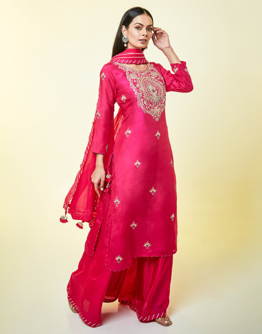 Buy Cerise Pink Embellished Palazzo Suit Set online – Roopkala