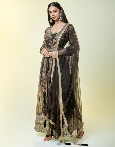 Coffee Brown Anarkali Suit Set With a Silt With a Vintage Floral Print