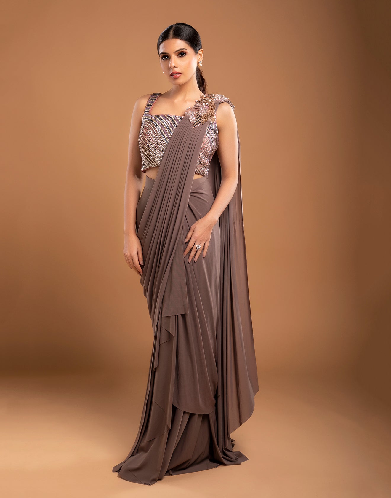 Coffee Brown Readymade Pre-stitched Saree