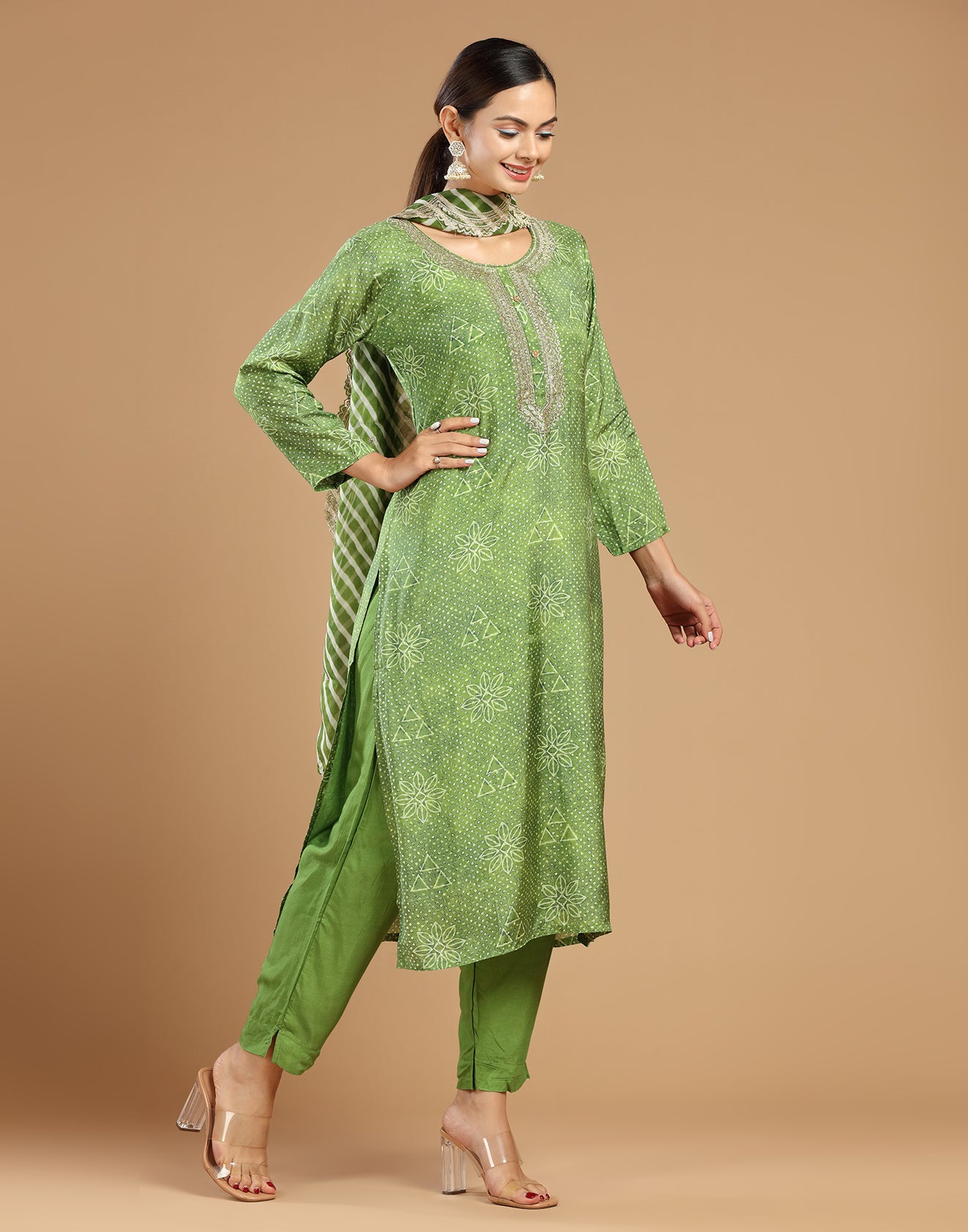 Corn Green Bandhej Printed Festive Kurta Set