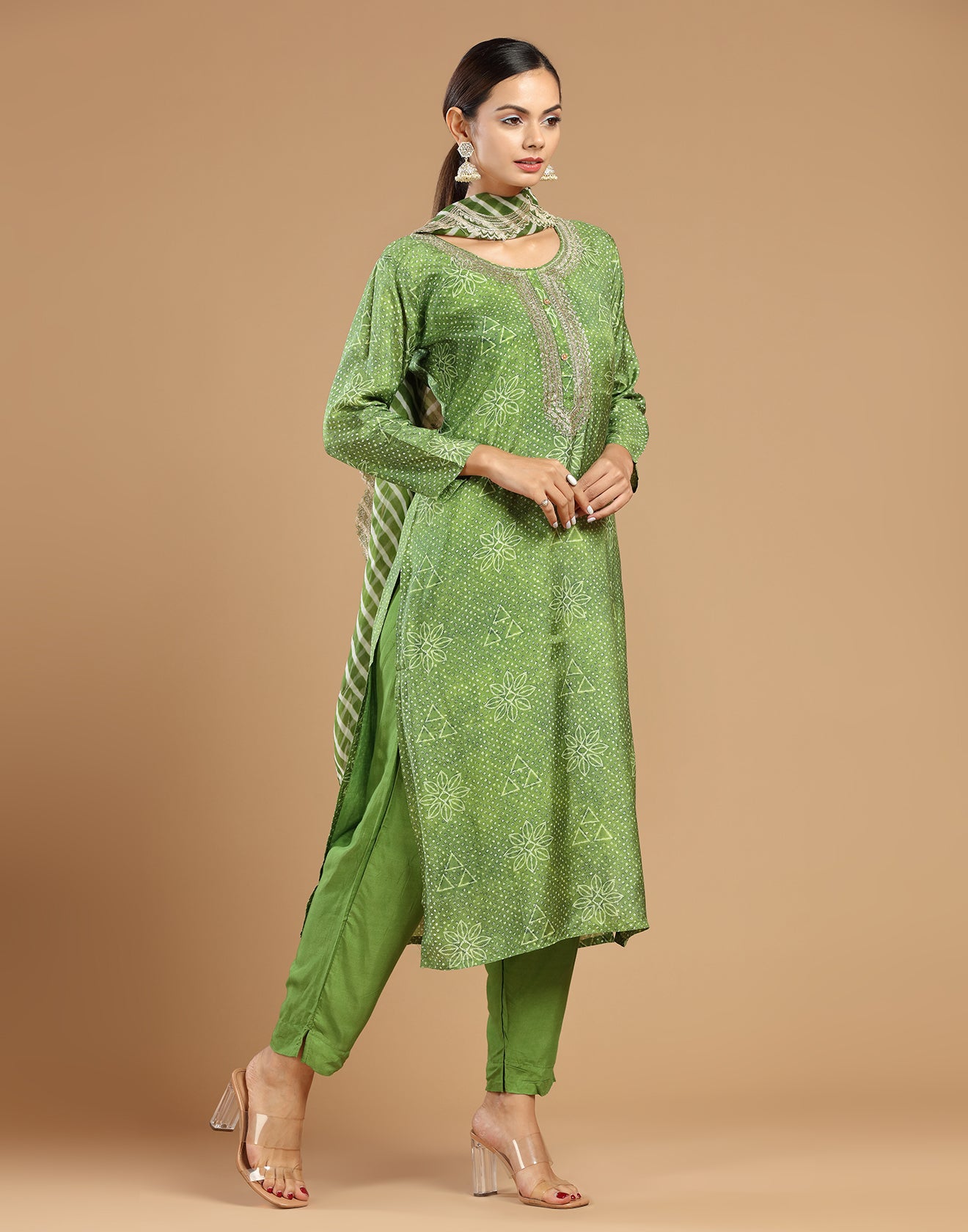 Corn Green Bandhej Printed Festive Kurta Set