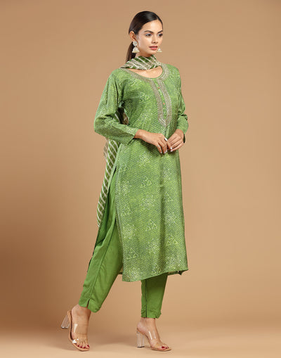 Corn Green Bandhej Printed Festive Kurta Set