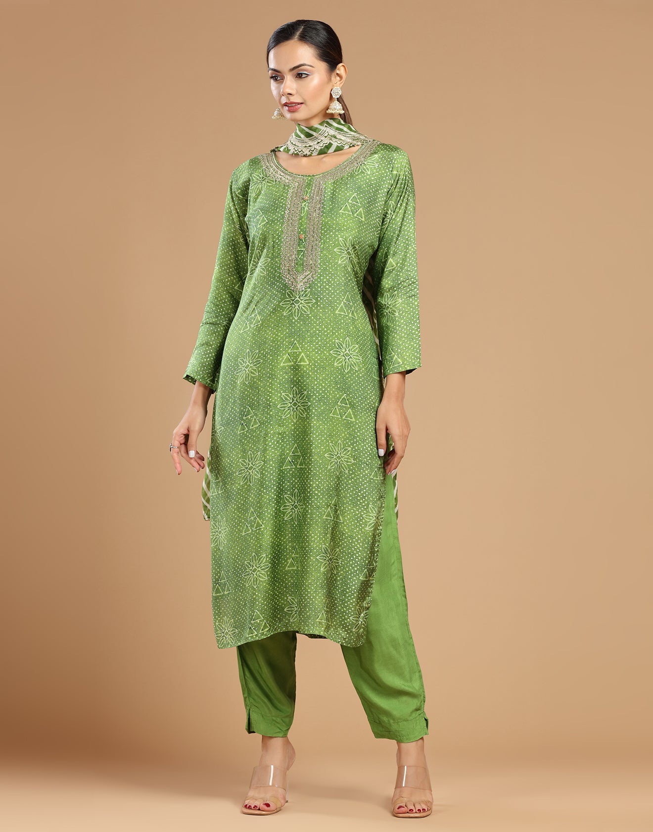 Corn Green Bandhej Printed Festive Kurta Set