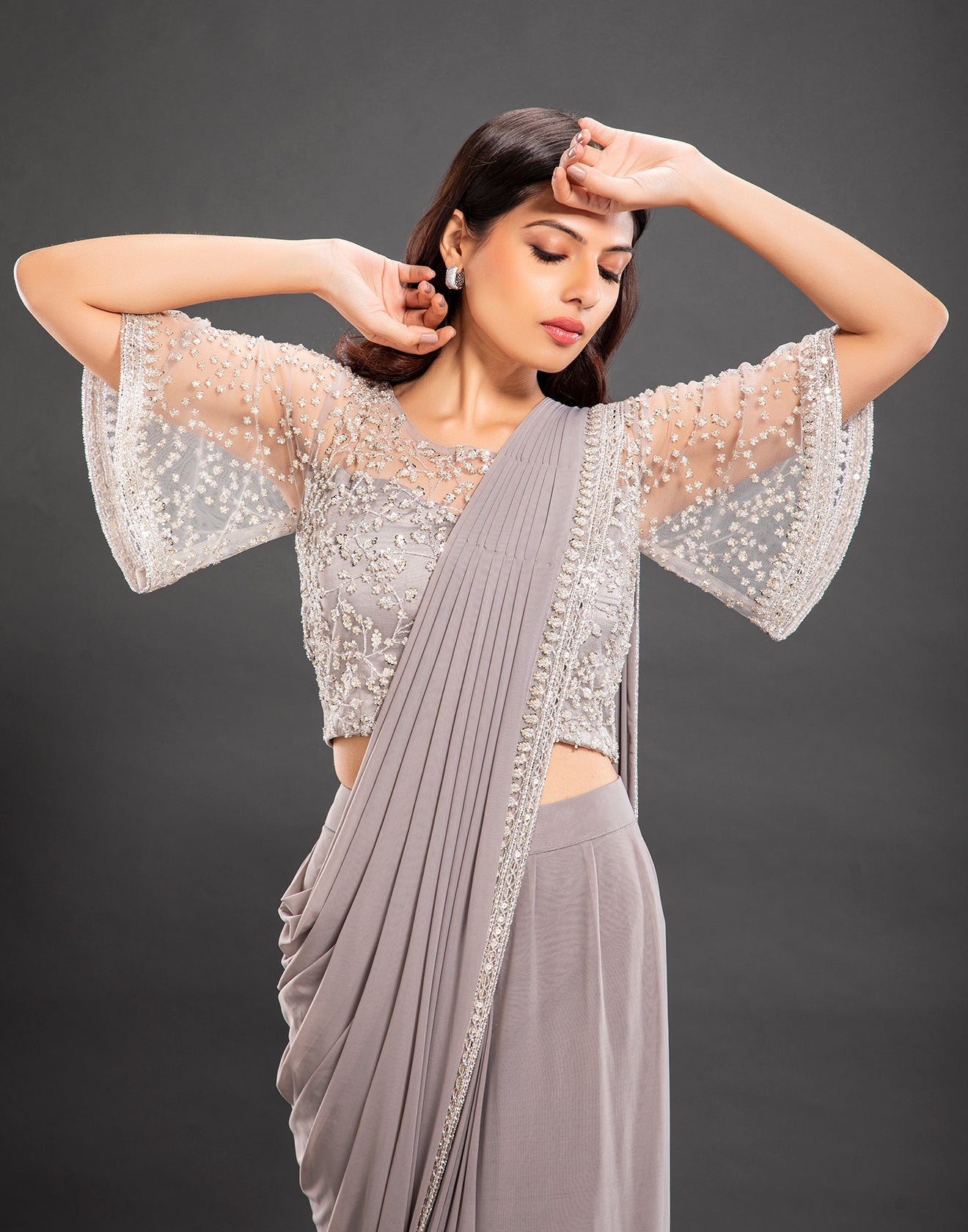 Fossil Grey Cape Sleeves Pre-stitched Saree