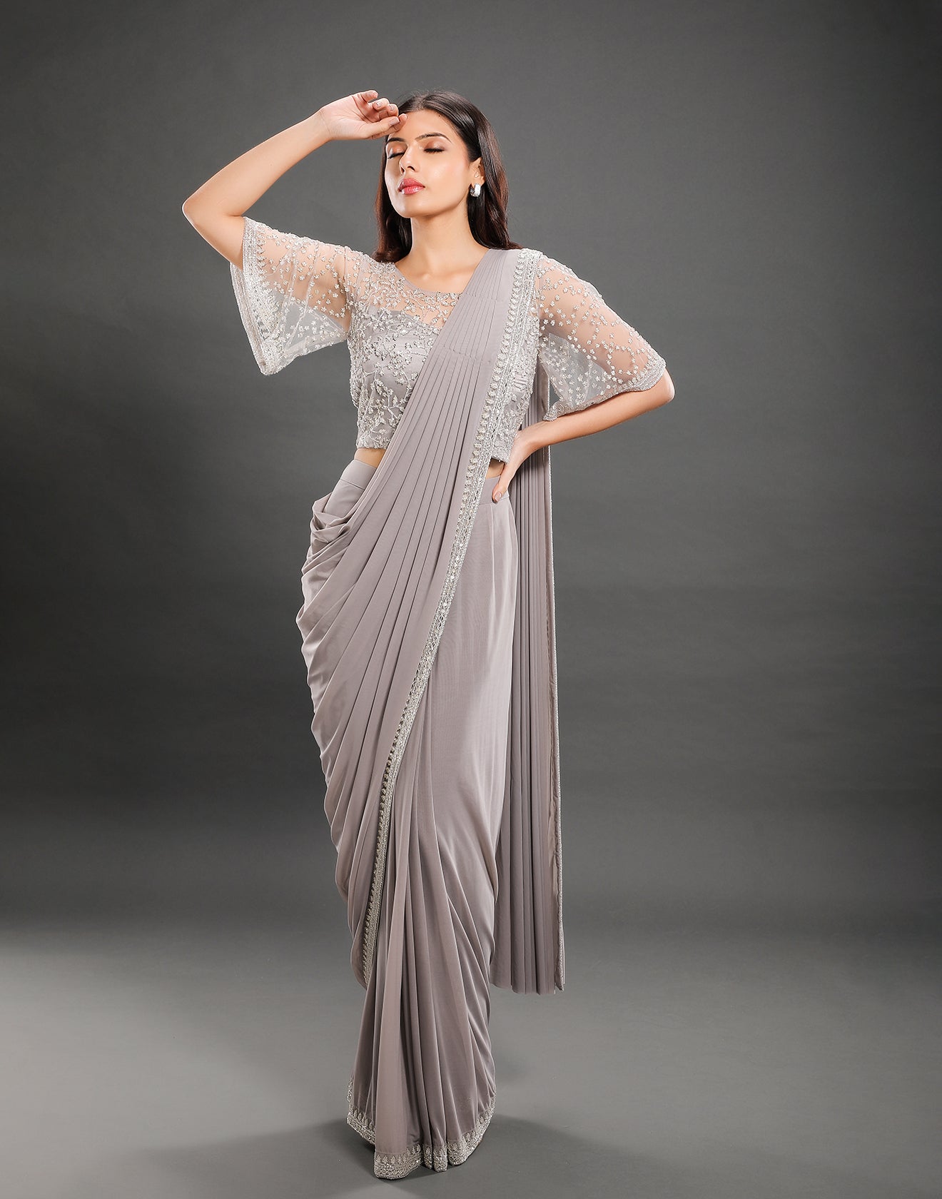 Fossil Grey Cape Sleeves Pre-stitched Saree