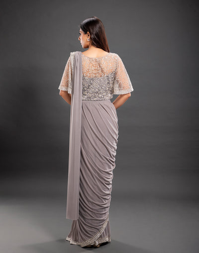 Fossil Grey Cape Sleeves Pre-stitched Saree
