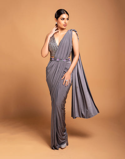 Frost Grey Embellished Pre-stitched Saree