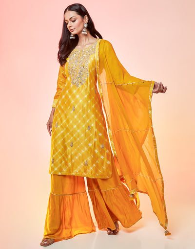 Golden Yellow Print In Bandhani Dyed Sharara Suit Set
