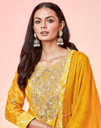 Golden Yellow Print In Bandhani Dyed Sharara Suit Set
