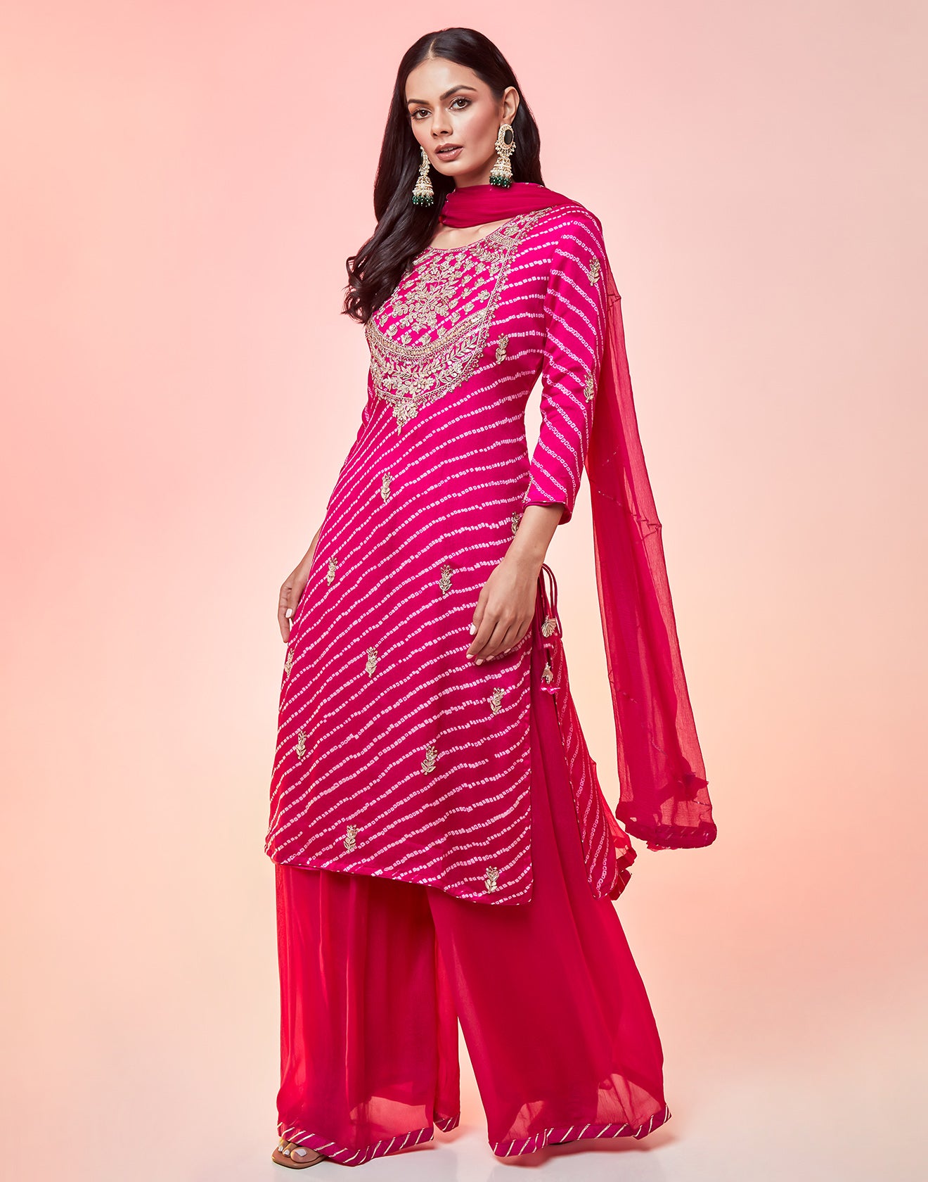 Hot Pink And Magenta Shaded Bandhani In Process Bright Pink Palazzo Suit Set