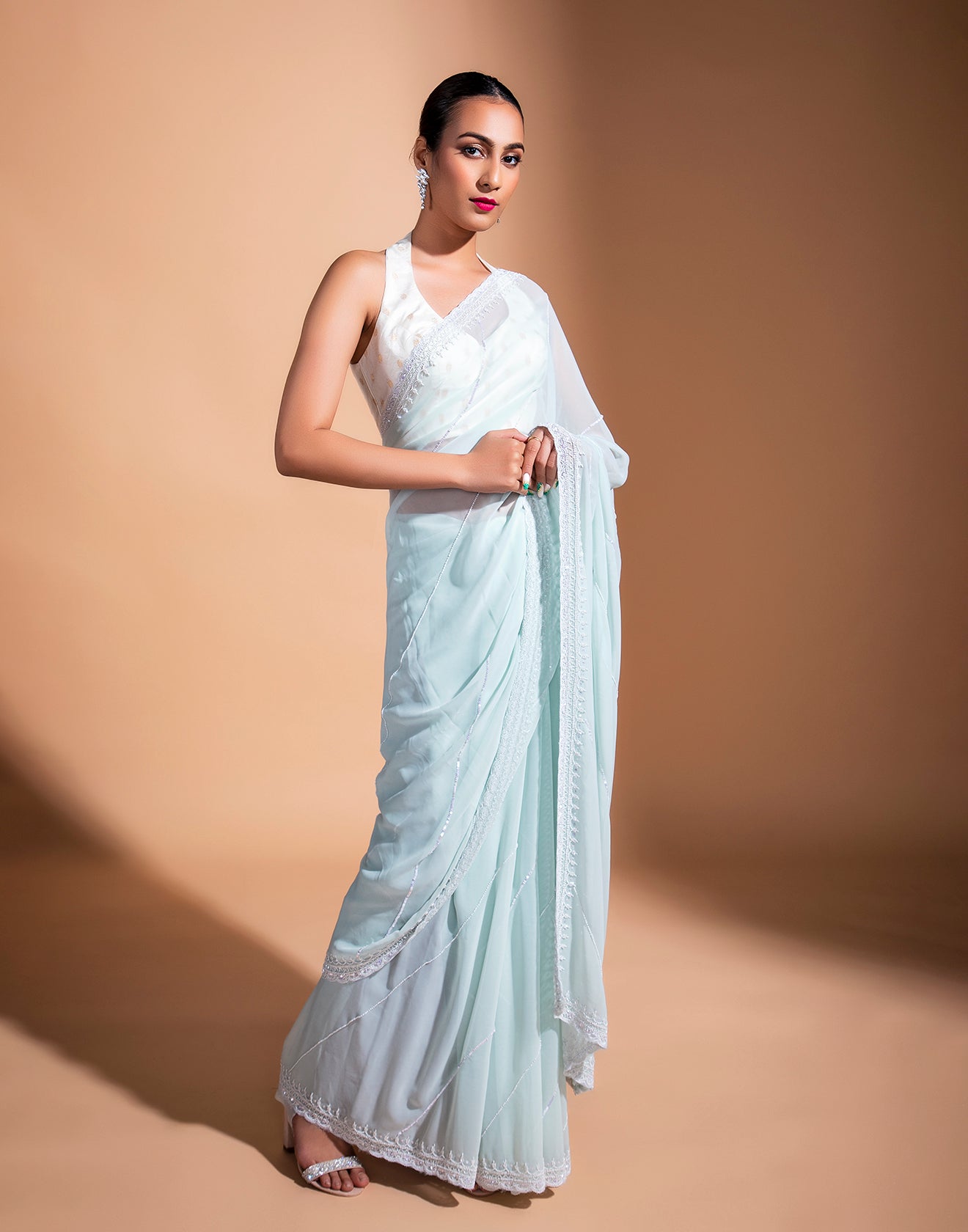 Ice Blue Stripes Georgette Embroidered Saree