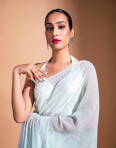 Ice Blue Stripes Georgette Embroidered Saree