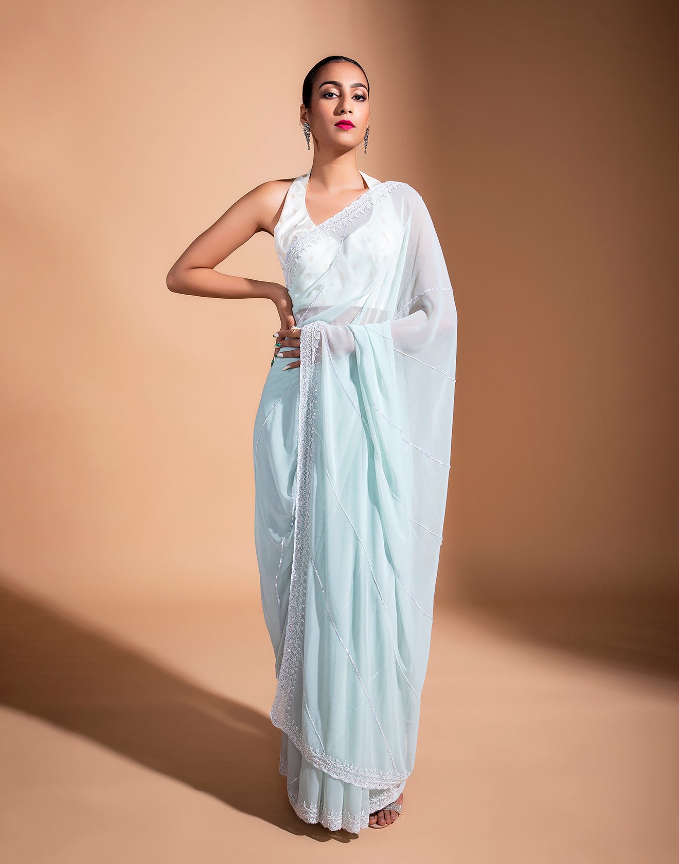 Ice Blue Stripes Georgette Embroidered Saree