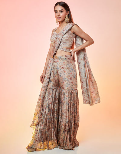 Light Brown Floral Printed Gharara Fusion Wear Set