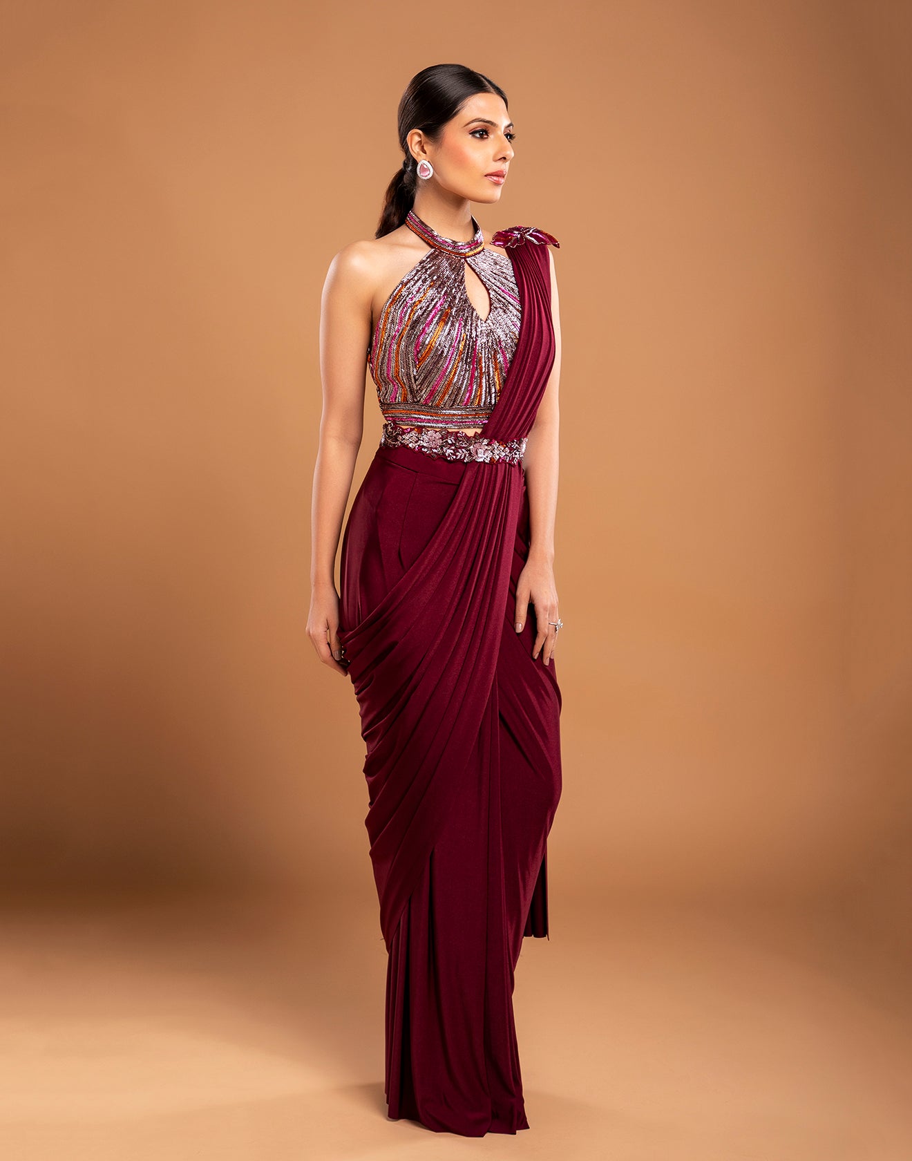 Maroon Readymade Pre-stitched Saree