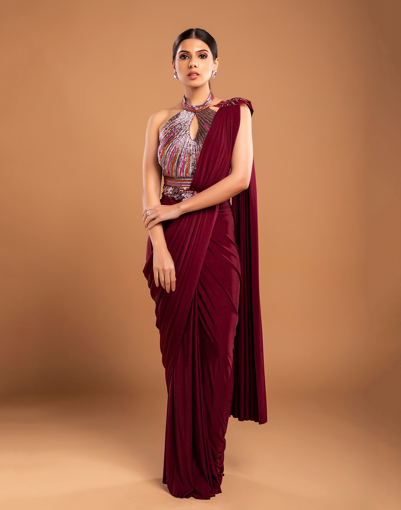 Maroon Readymade Pre-stitched Saree