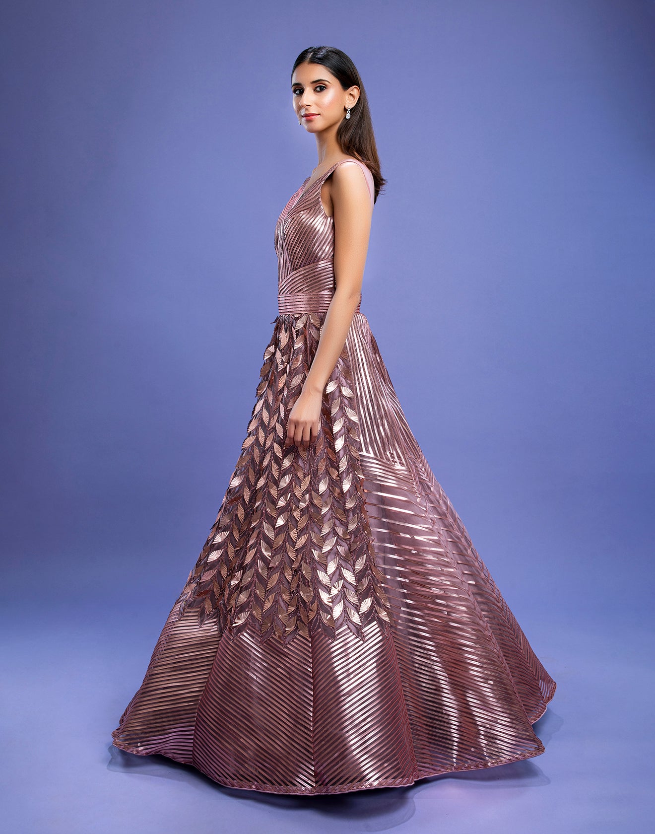 Mauve Metallic Striped Cocktail Gown