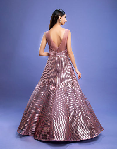 Mauve Metallic Striped Cocktail Gown
