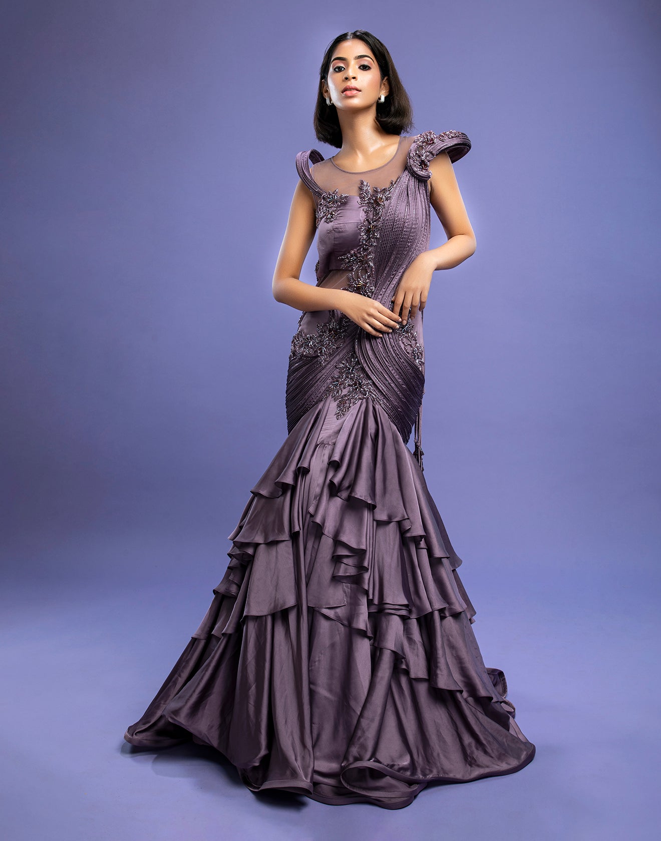 Mauve Purple Embellished Sculpted Gown