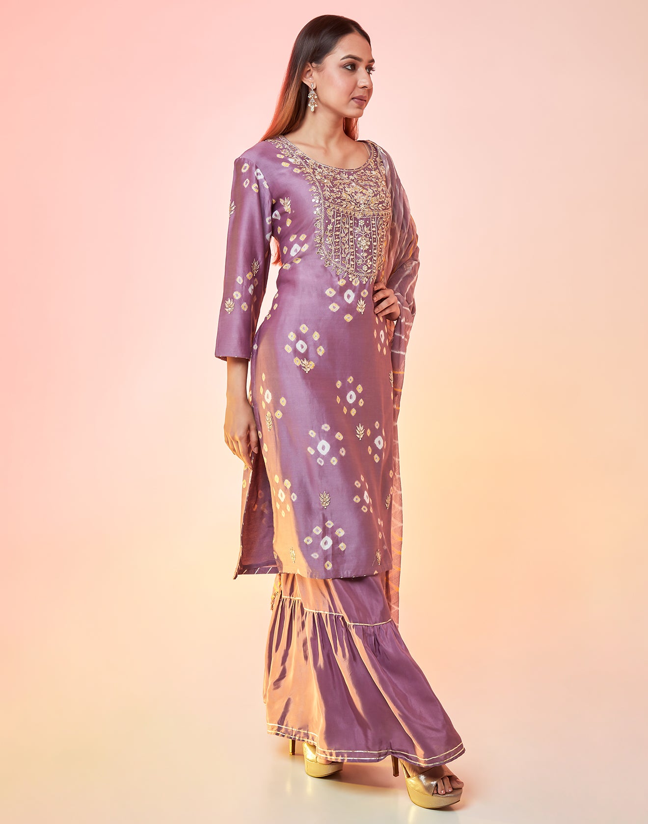 Mauve Purple In Bandhani Printed Sharara Suit Set