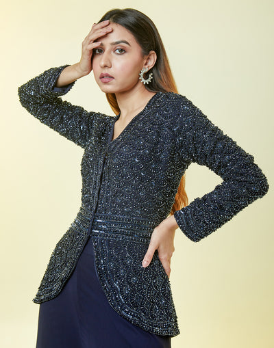 Midnight Blue Hand Embroidered Blazer Jacket With Flared Palazzo Set
