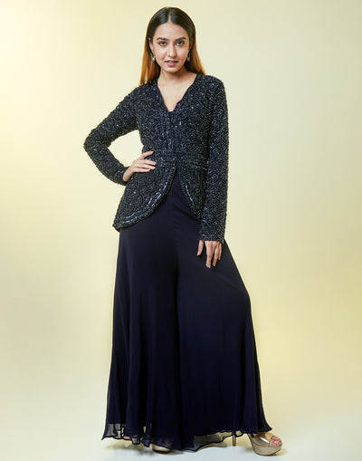Midnight Blue Hand Embroidered Blazer Jacket With Flared Palazzo Set