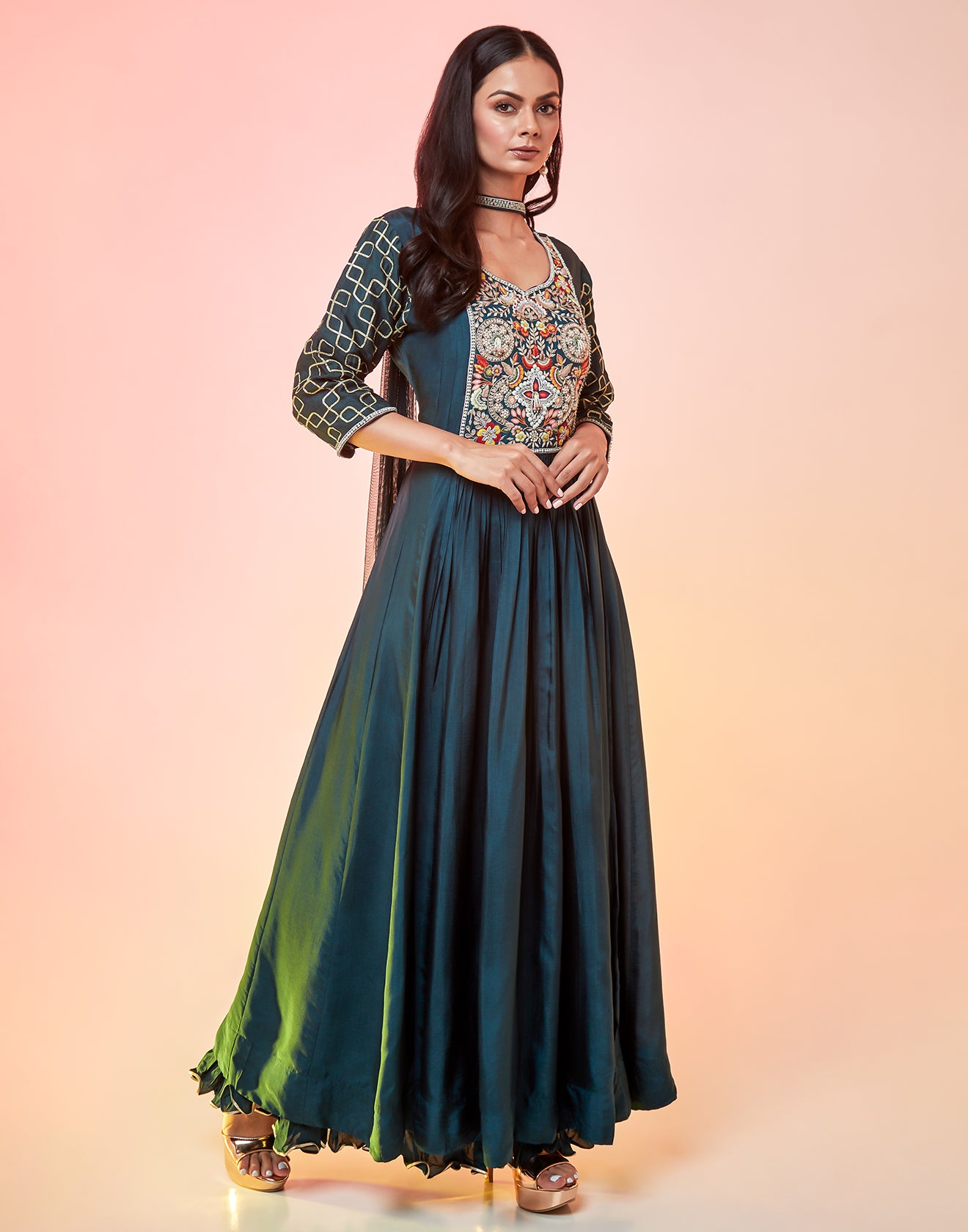 Midnight Green Anarkali Suit Set With Pleated Pattern