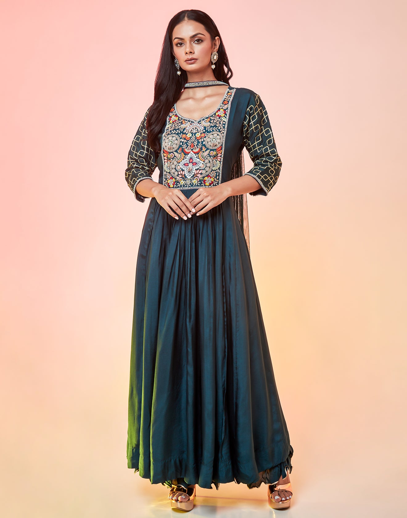 Midnight Green Anarkali Suit Set With Pleated Pattern