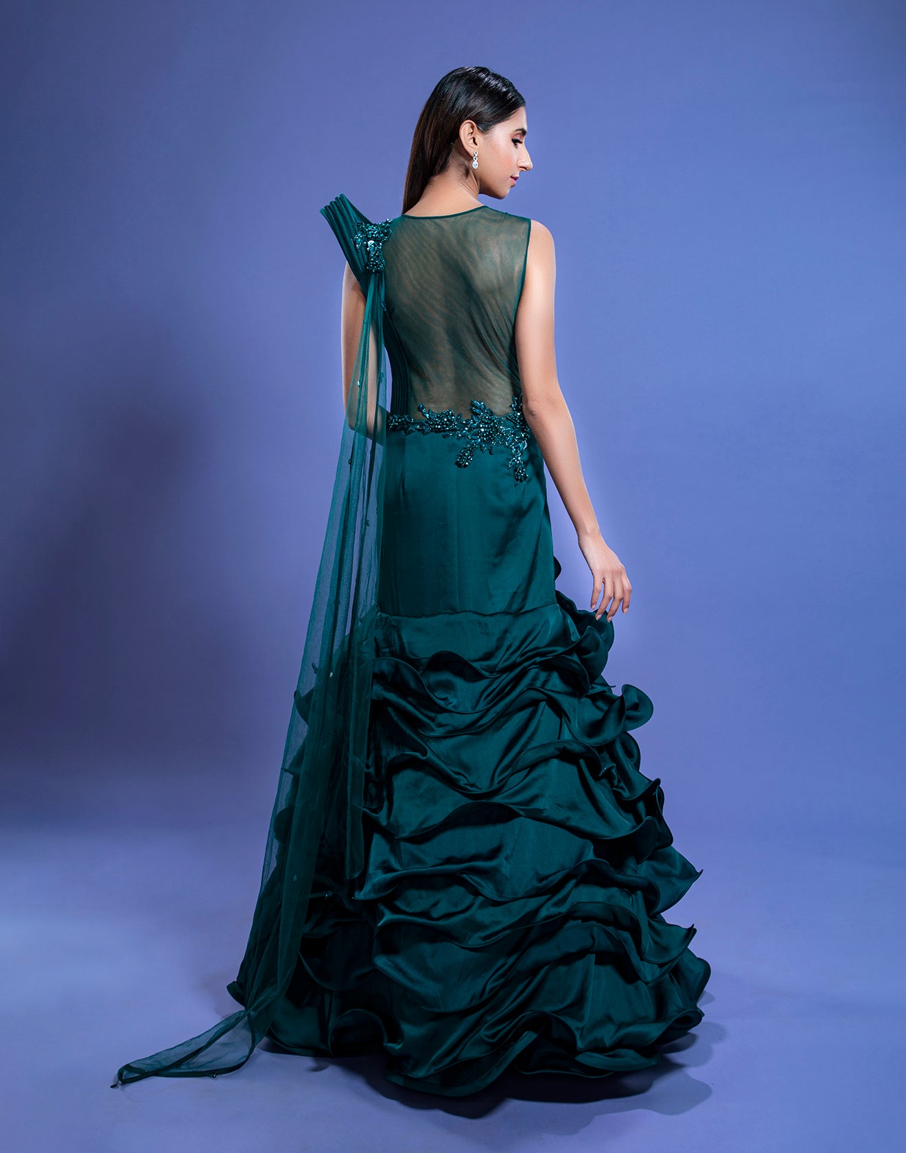 Midnight Green Embellished Sculpted Gown