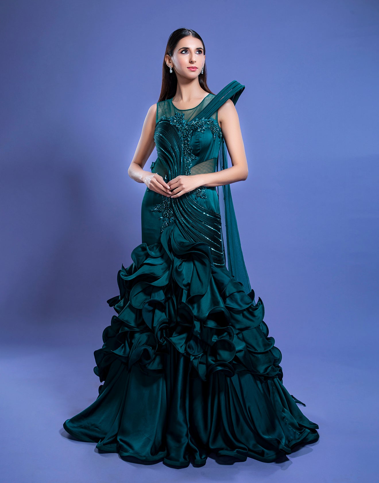 Midnight Green Embellished Sculpted Gown