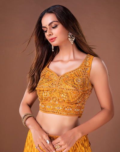 Mustard Bandhej Lehenga Set In Crush Chiffon