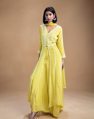 Neon Yellow Embroidered Front Slit Suit Set