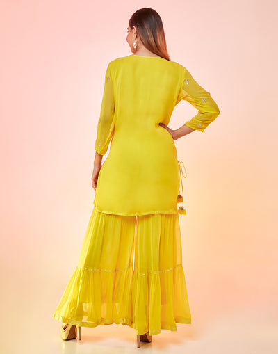 Neon Yellow Short Suit Gharara Set Embellished In Gota Work