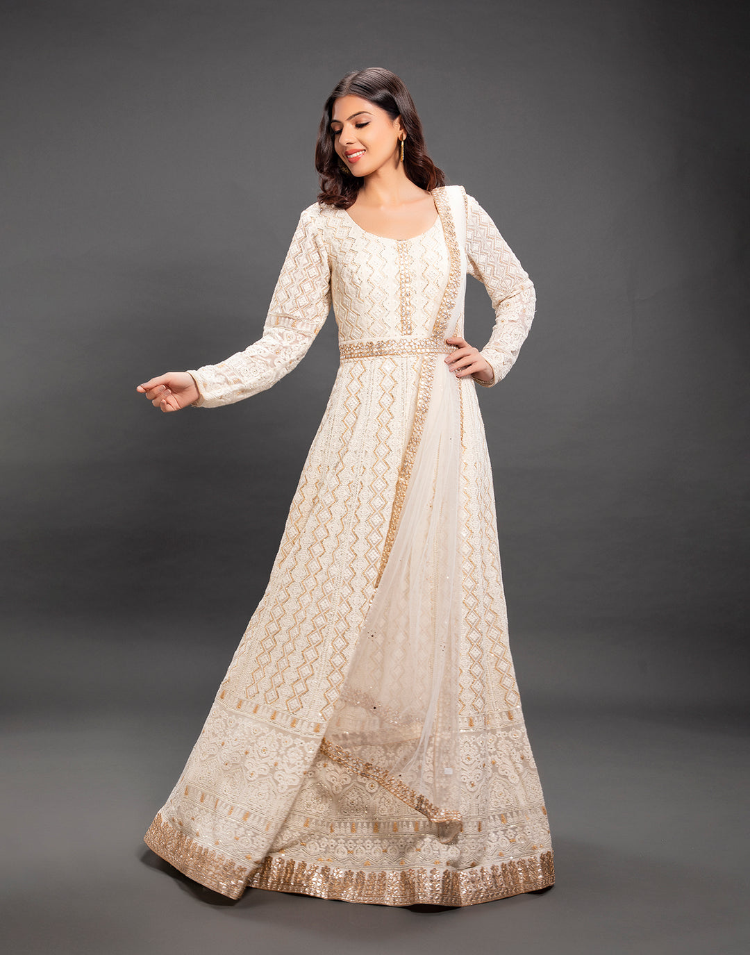 Buy Off White Lucknowi Anarkali Suit In Georgette online – Roopkala