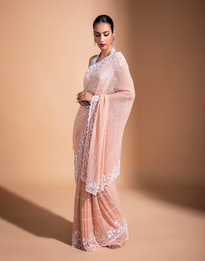 Pale Pink Stripes Georgette Embroidered Saree