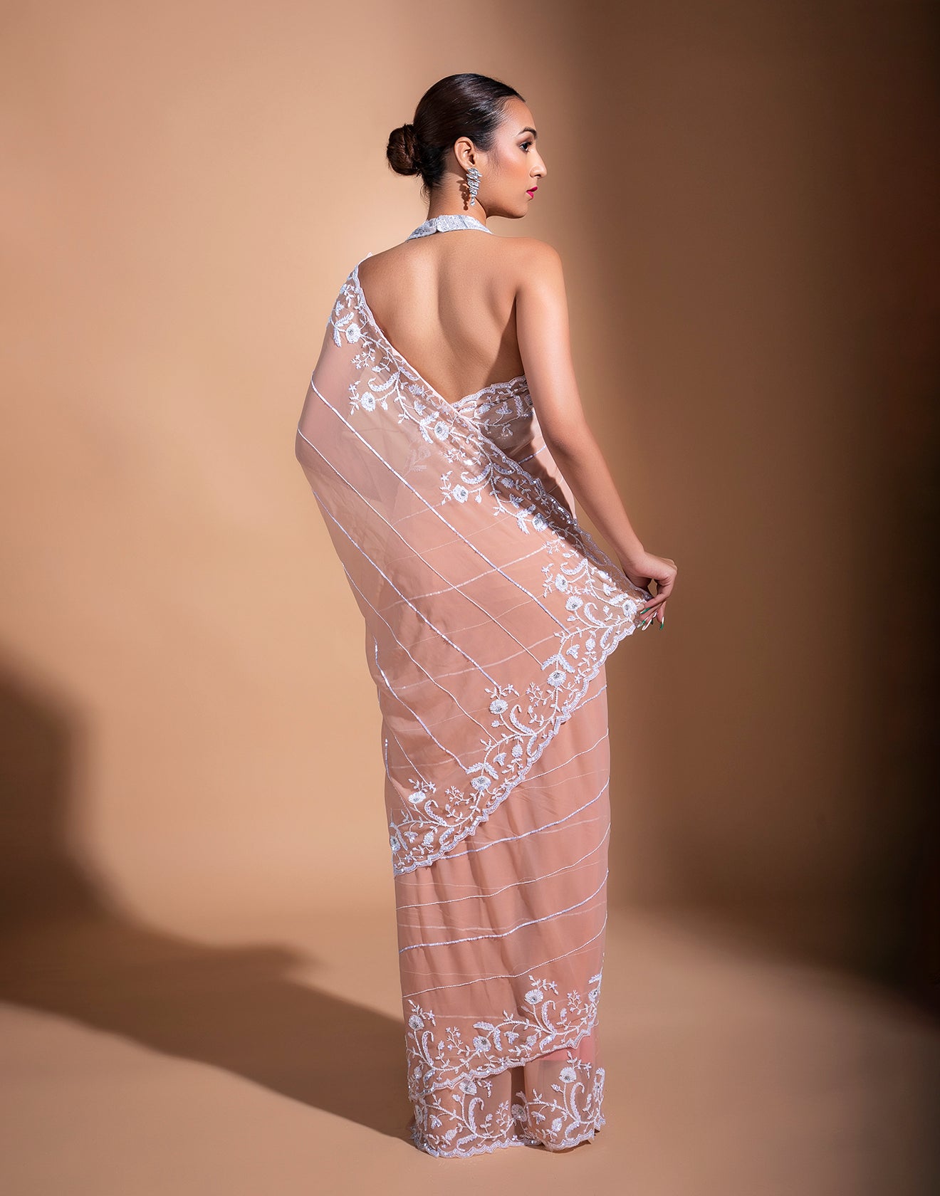 Pale Pink Stripes Georgette Embroidered Saree