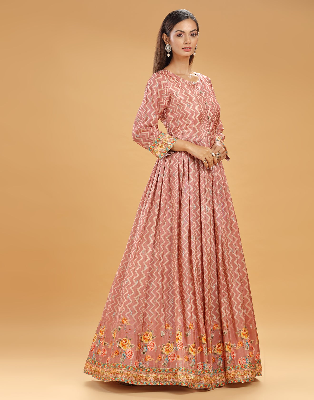 Peach Chevron Printed Festive Anarkali Suit set