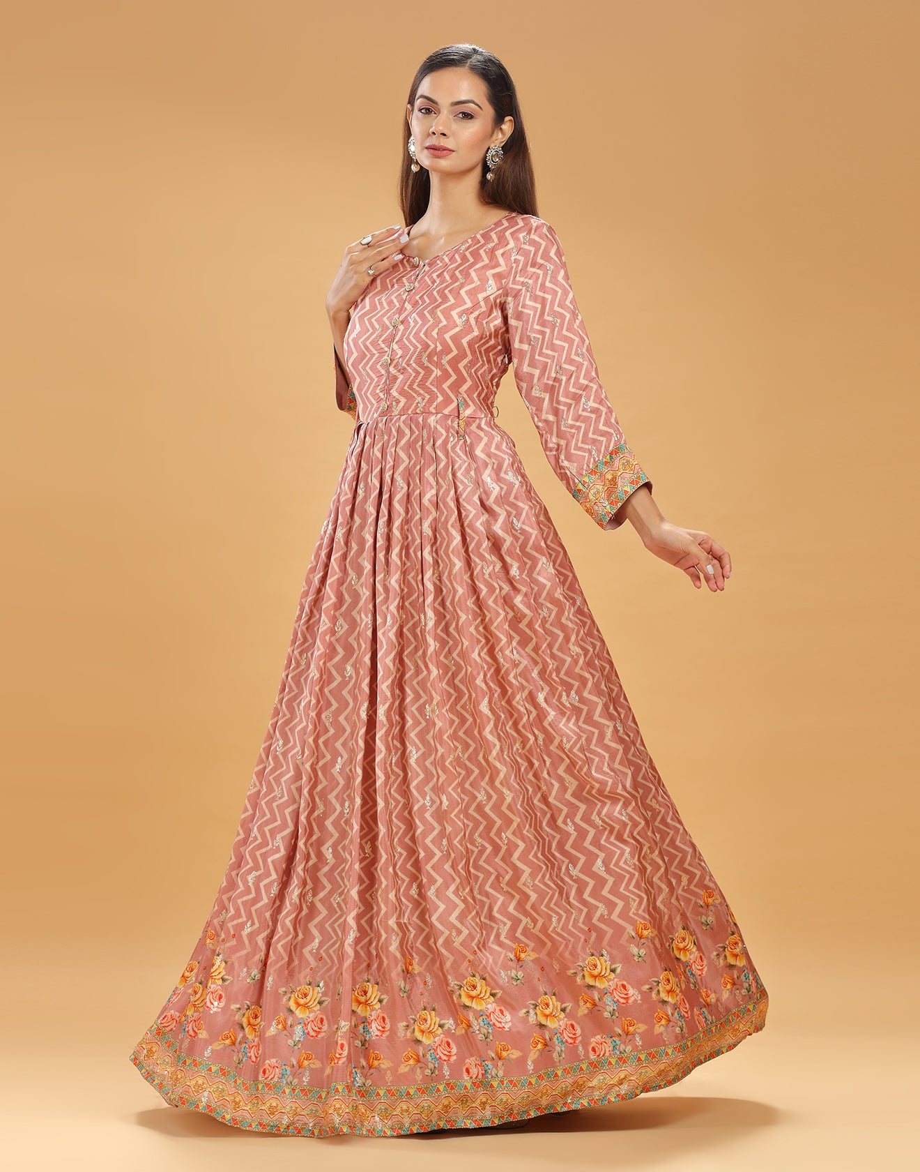 Peach Chevron Printed Festive Anarkali Suit set