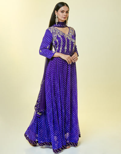 Reflex Blue Leheriya Bandhani Anarkali Suit Set