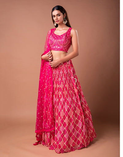 Rose Pink Bandhej Lehenga Set In Crush Chiffon