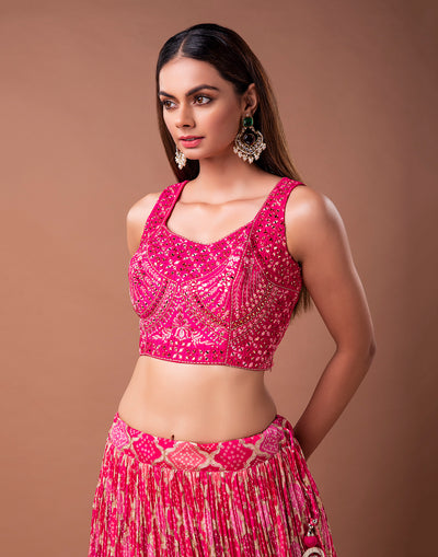 Rose Pink Bandhej Lehenga Set In Crush Chiffon