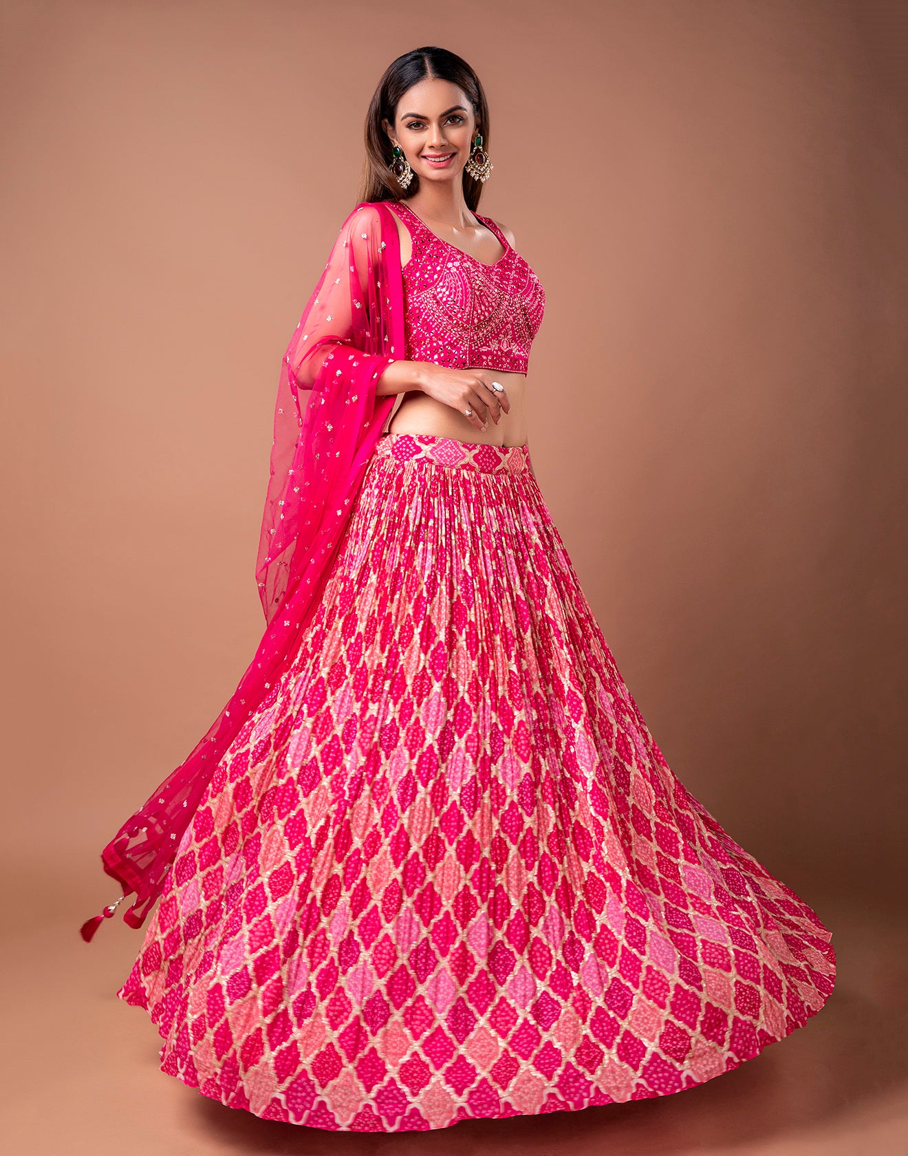 Rose Pink Bandhej Lehenga Set In Crush Chiffon