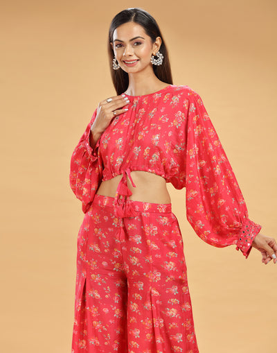 Rose Red Printed Flared Festive Fusion Co-ord Set