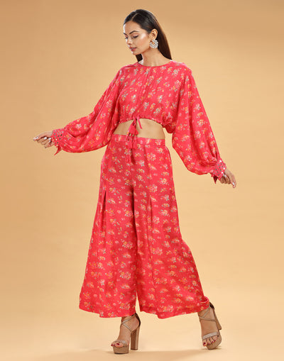 Rose Red Printed Flared Festive Fusion Co-ord Set