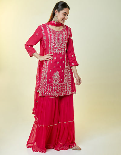 Ruby Red Embellished Gharara Suit Set In Gota Work