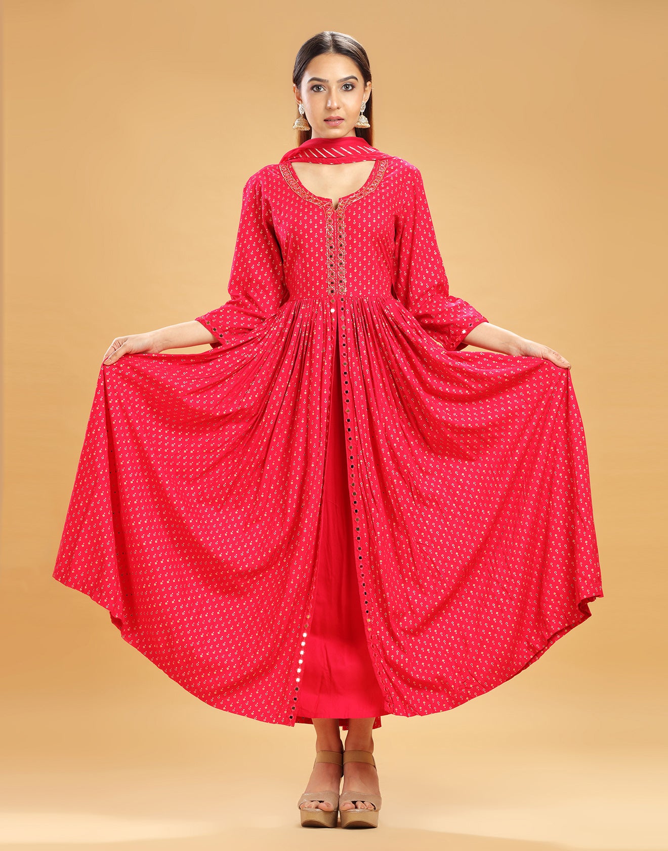 Ruby Red Printed Front Slit Kurta Set